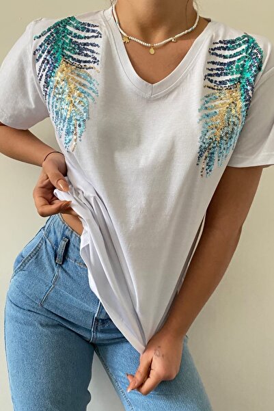 FEMELLE Γυναικείο μπλουζάκι με παγιέτα σε λευκό λαιμόκοψη σε V λαιμόκοψη, κεν...