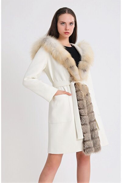 Leather Club Naturel Fox Aksesuarlı Beyaz Kaşmir Kaban