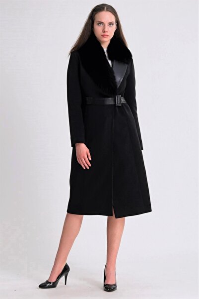 Leather Club Siyah Fox Aksesuarlı Kuzu Derisi Garnili Kaşmir Kaban