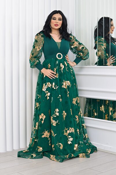 Matik Abiyem Üstü Scuba Krep Altı Tül Üzeri Flok Varak Baskılı Kemerli Dekolteli Tasarım Abiye