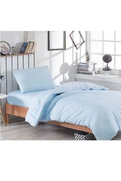 mer-tim ezberbozan ev tekstili Mer-tim Cotton Ranforce Single Elasticless 160x240 Sheet Set - Light Blue