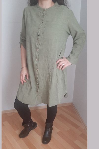 AYASOFYA OTANTIK Women's Khaki Patchwork Collar Pocket Buttoned Foldable Long Sleeve Tunic Shirt