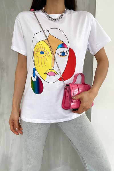 FEMELLE Tricou alb din bumbac 100% cu hologramă de sezon nou pentru femei