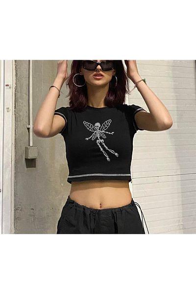 Touz Pixelated Winged Skeleton Printed Backstitch Black Crop