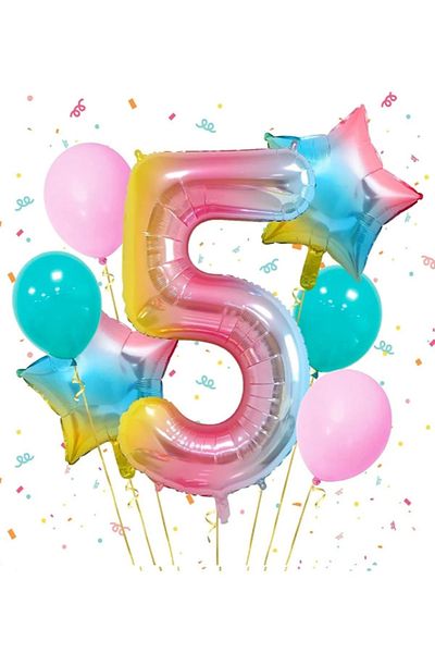 LOTUS PARTY 5 Year Old Rainbow Birthday Party Set - Number Foil Balloon - Star Foil Balloon