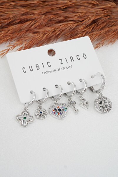 By Zeyna Aksesuar Kadın Yonca Figürlü Zirkon Taşlı 6'lı Set Küpe