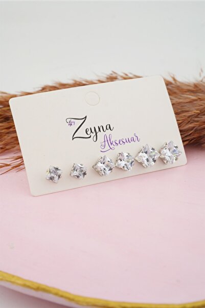 By Zeyna Aksesuar Kadın 3 Boy 6'lı Kare Zirkon Taşlı Küpe Set