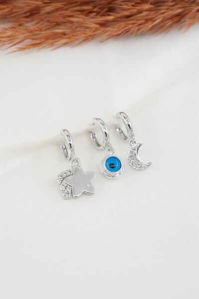 By Zeyna Aksesuar طقم أقراط نسائي مكون من 3 قطع على شكل قمر ونجمة من حجر الزركون