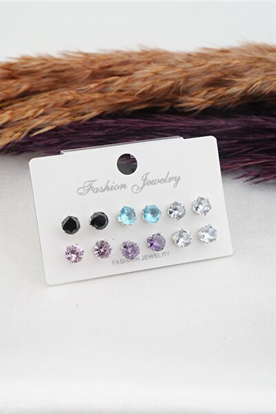 By Zeyna Aksesuar Kadın 6 Boy 12 Adet Renkli Oval Model Zirkon Taşlı Küpe Seti