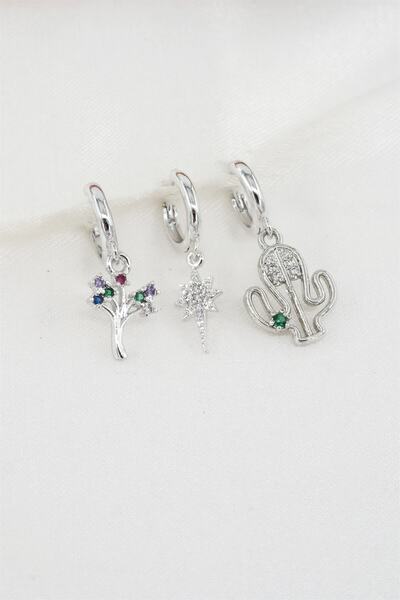 By Zeyna Aksesuar Kadın Zirkon Taşlı Kaktüs Figürlü 3'lü Küpe Seti