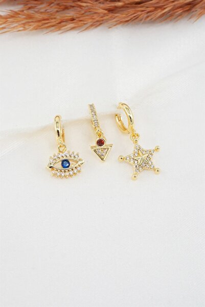 By Zeyna Aksesuar طقم أقراط نسائي مكون من 3 قطع على شكل نجمة وعين من حجر الزر...