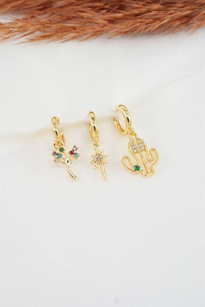 By Zeyna Aksesuar Kadın Zirkon Taşlı Kaktüs Figürlü 3'lü Küpe Seti