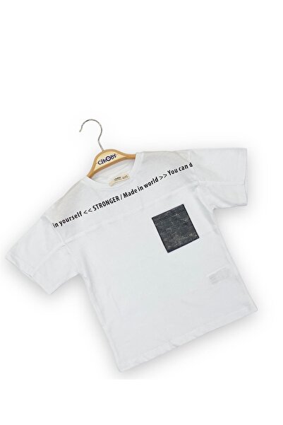 Çikoby Tricou din bumbac pentru baieti - Detaliu buzunar din piele, Text Stronger