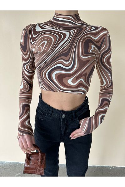 laughs Women's Zebra Patterned High Collar Viscose Crop Blouse Zf1137