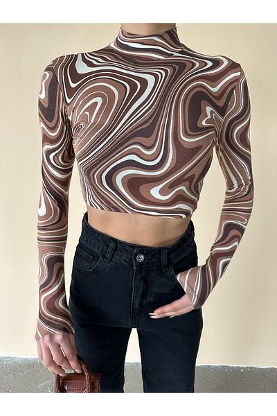 laughs Women's Zebra Patterned High Collar Viscose Crop Blouse Zf1137