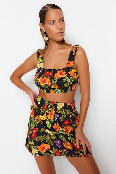 Trendyol Collection Σετ μπλούζας και φούστας παραλίας από 100% βαμβακερό στάμπα - TBESS23AU00170