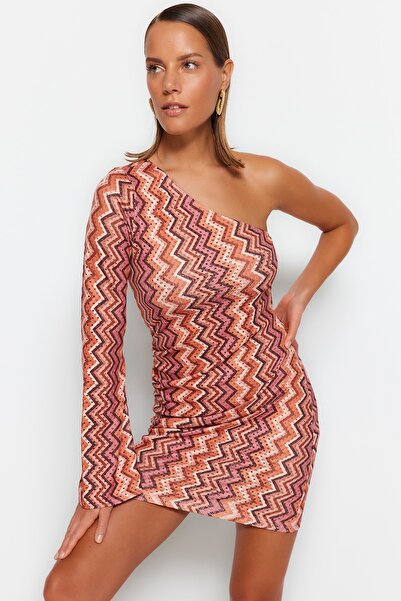 Trendyol Collection Geometric Patterned Fitted Mini Knitted One Shoulder Beach Dress TBESS23EL00206