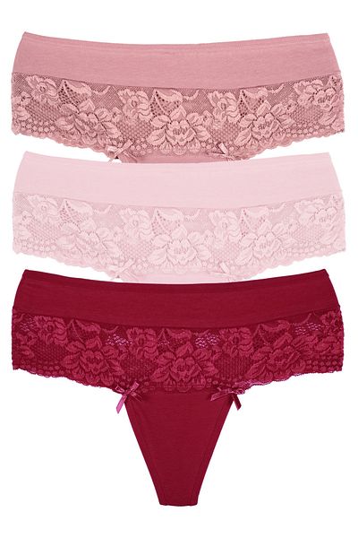 Zena High Waist Lace Detailed 3-Piece Cotton Women's Thong Panties - Large Size