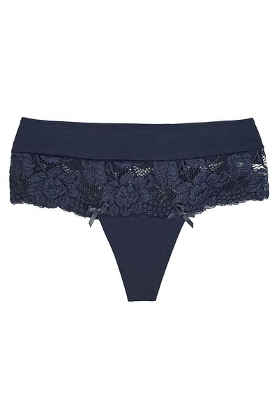Zena High Waist Lace Detailed Navy Blue Large Size Cotton Thong Panties