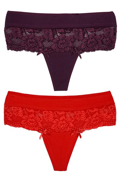 Zena High Waist Lace Detailed Cotton Women's Thong Panties Set of 2 - Large Size