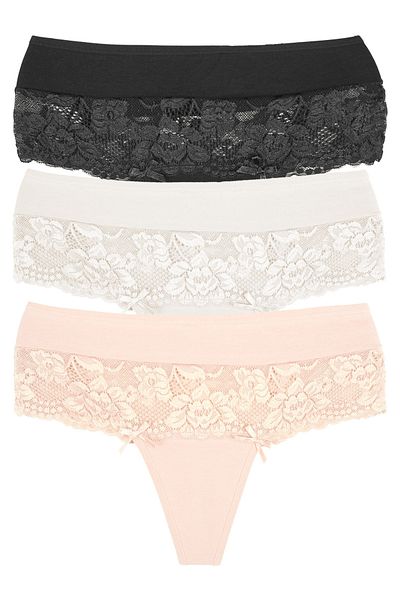 Zena High Waist Lace Detailed 3-Piece Cotton Women's Thong Panties - Large Size