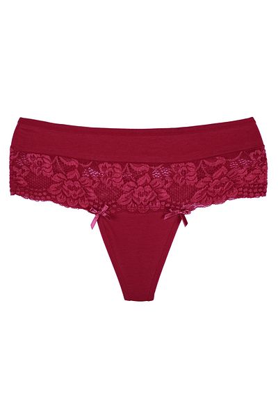 Zena High Waist Lace Detailed Burgundy Cotton Women's Thong Panties - Large Size