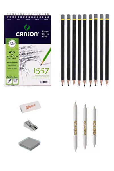 GLANCE Canson 1557 Eskiz Defterli 9 Karakalem Çizim Seti Pastel Dağıtma, Kale...