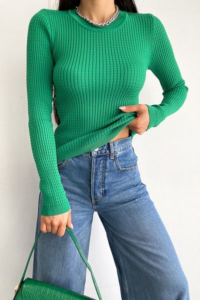 FEMELLE Bluză de damă, verde închis, mărime standard, tricotată cu nervuri de bază