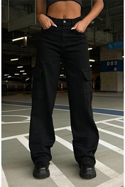 LAMİRAMOOD Crne ženske Kargo džep Visok struk postojane boje pantalona