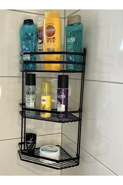 YAYLI DEKOR Üç Katlı Siyah Banyo Köşe Rafı
