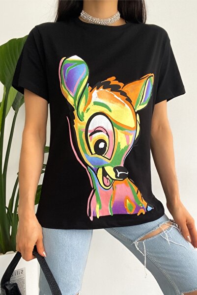 FEMELLE Dámské černé tričko z bavlny s potiskem Ceylan