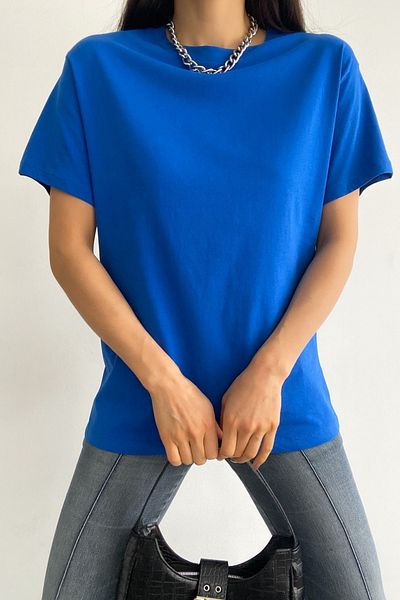 FEMELLE Tricou de bază Saks Blue Crew Deck 100% bumbac pentru damă