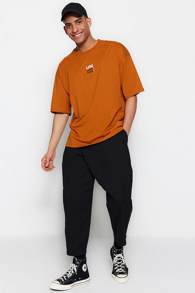 Trendyol Collection Κείμενο εμπριμέ πορτοκαλί υπερμεγέθη βαμβακερό μπλουζάκι - TMNSS23TS00172