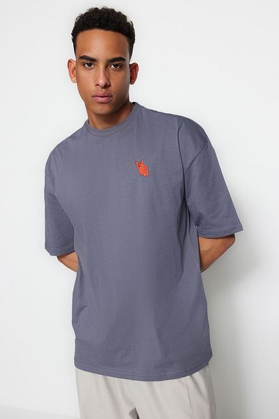 Trendyol Collection Oversize Κεντημένο Fox T-Shirt - Ανθρακί, 100% βαμβάκι, κοντό μανίκι - TMNSS23TS00182