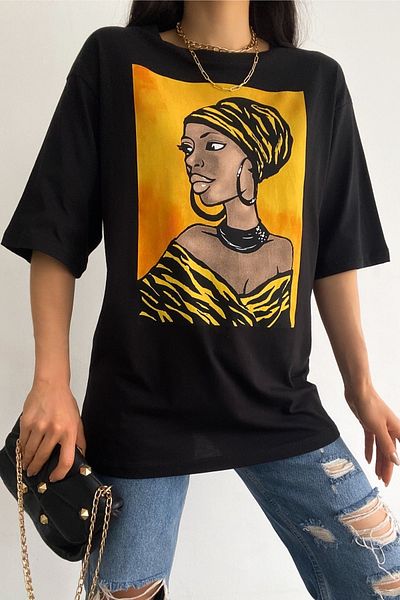 FEMELLE Tricou din bumbac, cu mâneci trei sferturi, cu design negru, pentru femei