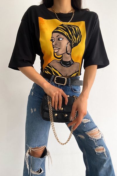 FEMELLE Tricou din bumbac, cu mâneci trei sferturi, cu design negru, pentru femei