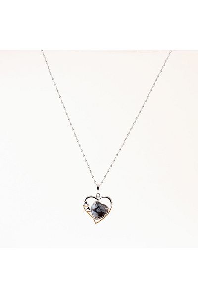OSMANLI DOĞAL TAŞ Snowy Obsidian Natural Stone Heart Necklace, Silver Chain