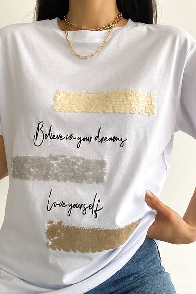 FEMELLE Tricou de damă din bumbac alb cu broderie și paiete