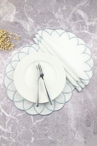 WEARE2 Gray Colored Modern Embroidered Round 4-Piece Placemat