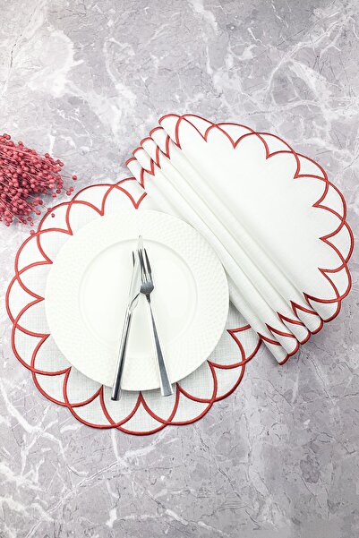 WEARE2 Set american rotund, brodat, modern, de culoare roșie, cu 6 piese