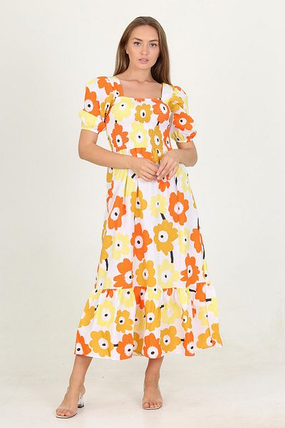 Neşeli Butik Rochie casual de damă, galbenă, cu guler pătrat, cu modele florale Snp006