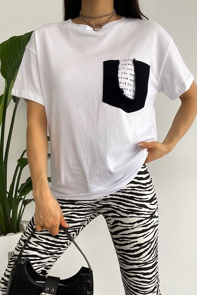 FEMELLE Tricou alb din bumbac cu buzunar pentru sezonul nou pentru femei