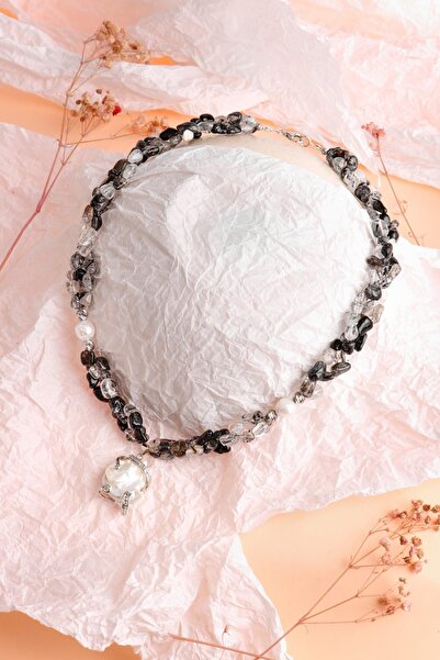 OSMANLI DOĞAL TAŞ قلادة من حجر الكوارتز الطبيعي باللون الأسود