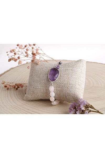 OSMANLI DOĞAL TAŞ Melina, Rose Quartz-amethyst Natural Stone Silver Chain Bracelet