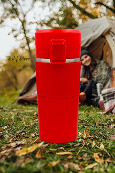 SEDEF SİLVER 304 Stainless Steel 400 Ml Tea Coffee Cup Thermos with Non-Slip Rubber Locked Lid and Strainer Filter