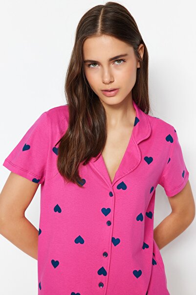 Trendyol Collection Pink 100% Cotton Heart Knitted Pajamas Set Thmss21Pt0756