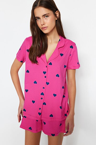 Trendyol Collection Pink 100% Cotton Heart Knitted Pajamas Set Thmss21Pt0756