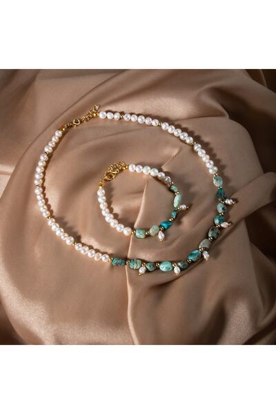 OSMANLI DOĞAL TAŞ Pearl Chrysocolla Natural Stone Jewelry Set