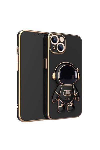 Gpack Apple Iphone 14 Plus Kılıf Kamera Korumalı Astronot Desenli Standlı Silikon Siyah