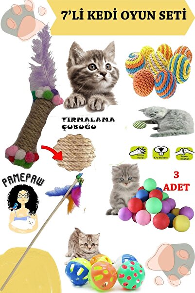 PAMEPAW 7'li Set : Kedi Tırmalama Çubuğu Oyuncak , Sarma Top , Olta , 3'lü Mi...